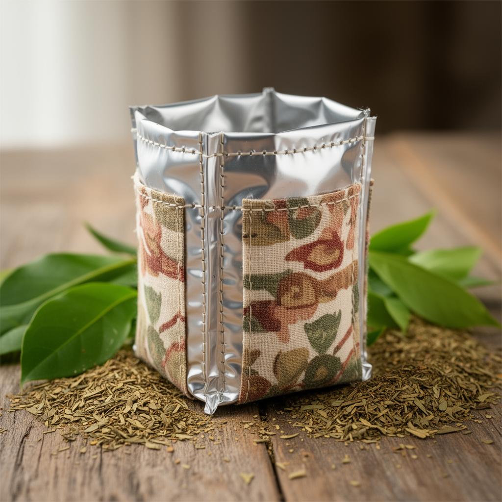 Yerbera Ecoberas hecha con sachets reciclados y tela floral